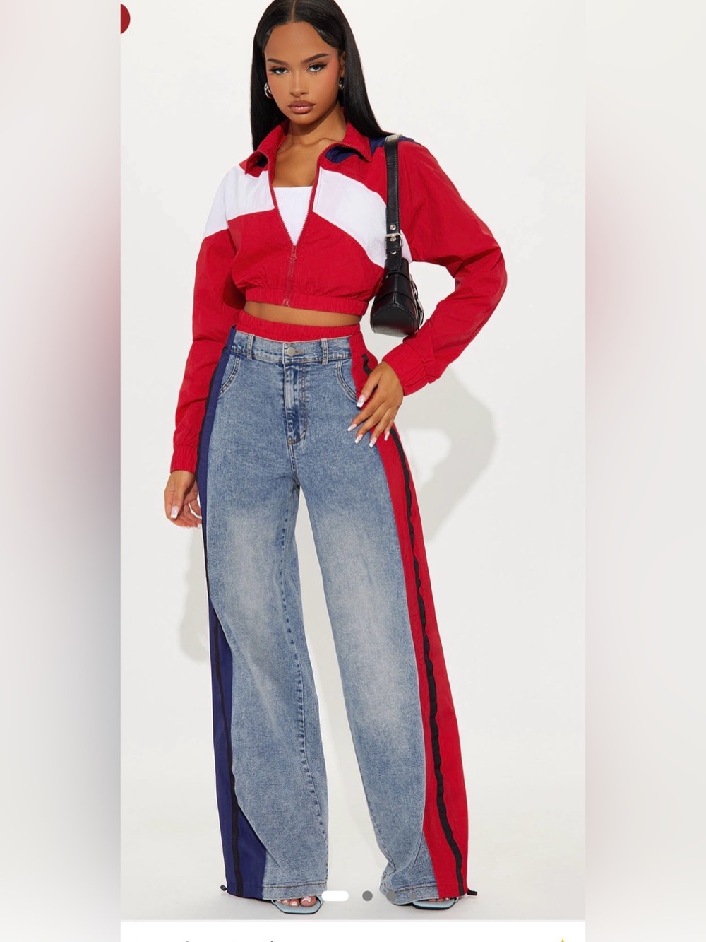Fashion Nova Matching Set- Blue Jeans with Red & Navy Side Stripes & Jacket